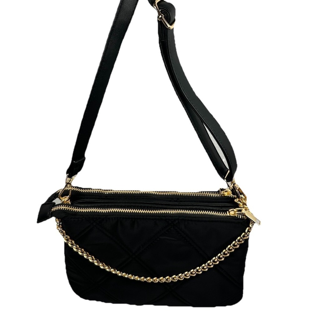 La Terre Black Quilted Vegan Crossbody Bag Gold Chain Double Zip NWT